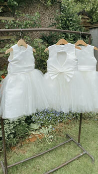 Duchess Satin Flower Girl Dress – Heart Back Tulle Gown Handmade In UK, 8 of 11