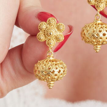 Gold Plated Filigree Stud Ball Drop Earrings, 5 of 7