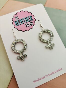 Silver Feminist Sign Glitter Earrings / Girl Power Jewellery / Empowered Woman Statement / International Women's Day Gift, 2 of 5