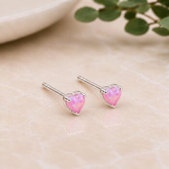 4mm Sterling Silver Pink Opal Heart Stud Earrings, 3 of 9