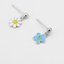 Mismatched Enamel Daisy And Forget Me Not Flower Drop Stud Earrings In Sterling Silver, thumbnail 6 of 11