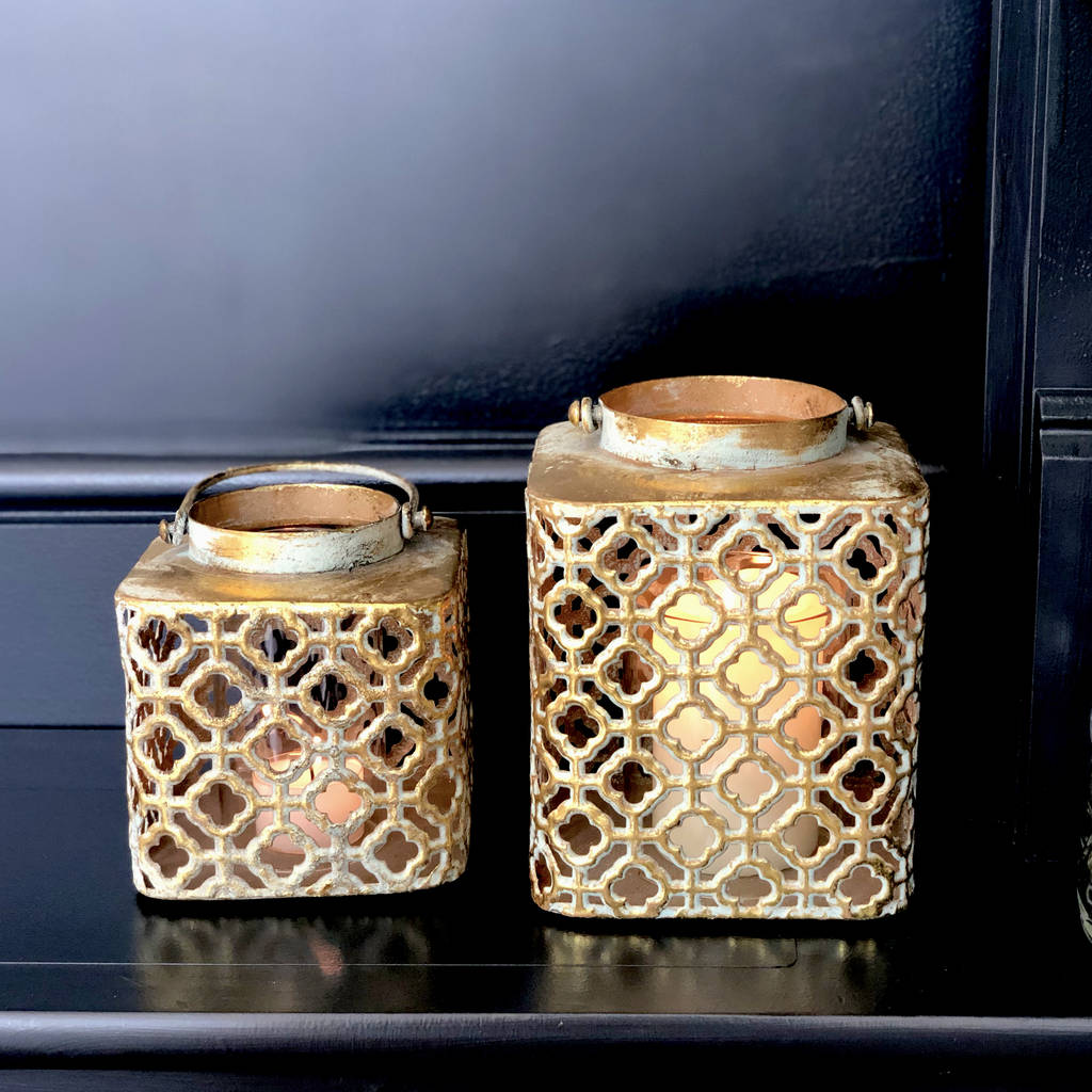 Pair Moroccan Marrakesh Candle Holder Gold Lantern By The Luxe Co