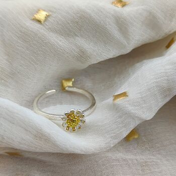 Minimal Tiny Silver Plated Sunflower Floral Ring, 2 of 7