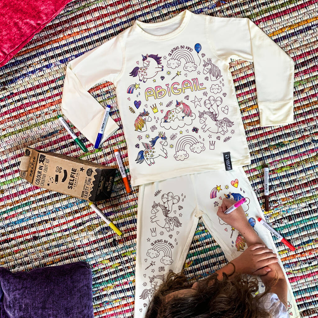 Personalised Unicorn Colour In Pyjamas With Pens, 1 of 9