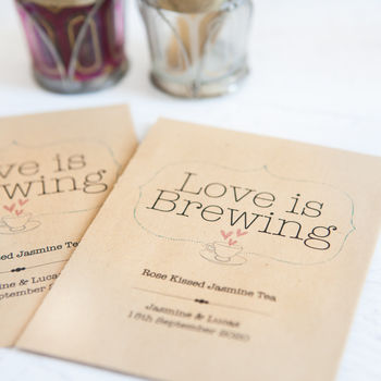10 ‘Love Is Brewing’ Personalised Tea Favour Packets, 3 of 5