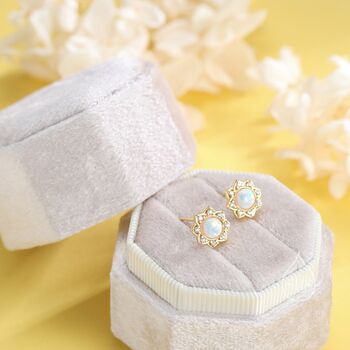 Vintage Inspired White Opal Flower Cz Stud Earrings, 5 of 11