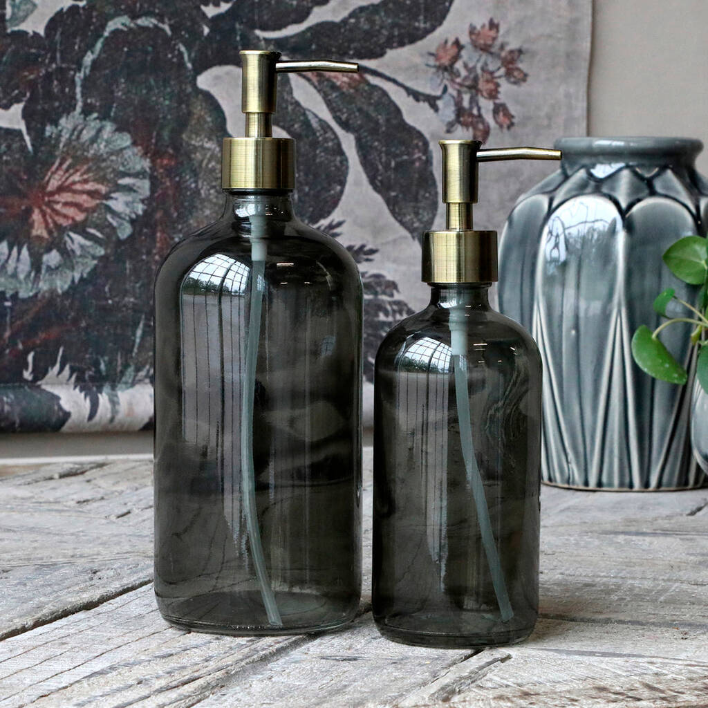 Smoke Grey Glass Bottle With Brass Pump Various Sizes, 1 of 4