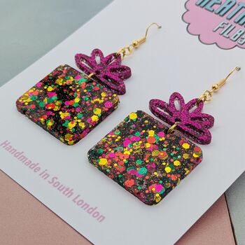 Pink And Gold Christmas Present Glitter Resin Earrings, 4 of 4