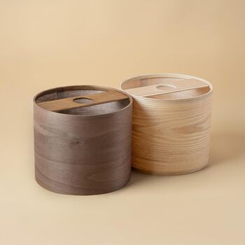 Tall Dark Walnut Table Lamp With A Wooden Light Shade, 8 of 11