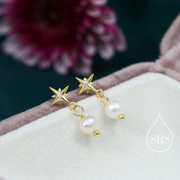 Tiny Starburst And Dangle Pearl Stud Earrings, 7 of 11