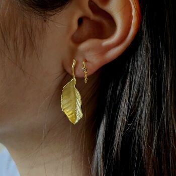 Textured Leaf Stud Earrings In 16 K Gold And 925 Sterling Silver, 3 of 12
