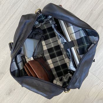 Black Premium Leather Travel Tote, Flight Bag, Gym Bag, 6 of 8