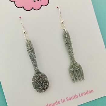 Silver Fork And Spoon Glitter Earrings, 3 of 3