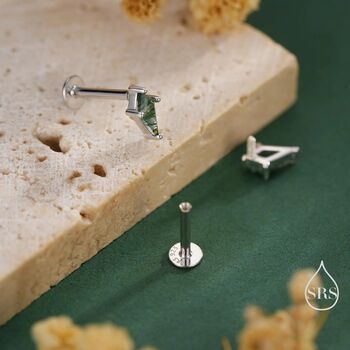 Sterling Silver Natural Kite Cut Moss Agate Internally Threaded Flat Back Earrings, 4 of 11