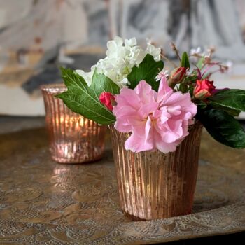 Set Of Three Antique Rose Gold Ribbed Tea Light Glass Votive, 3 of 3