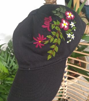 Black Cotton Cap With Hand Embroidered Flower, 4 of 5