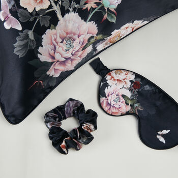 Silk Sleep Giftset Fleur Japonaise Midnight Blue Luxury Pillowcase Eye Mask And Scrunchie, 2 of 11