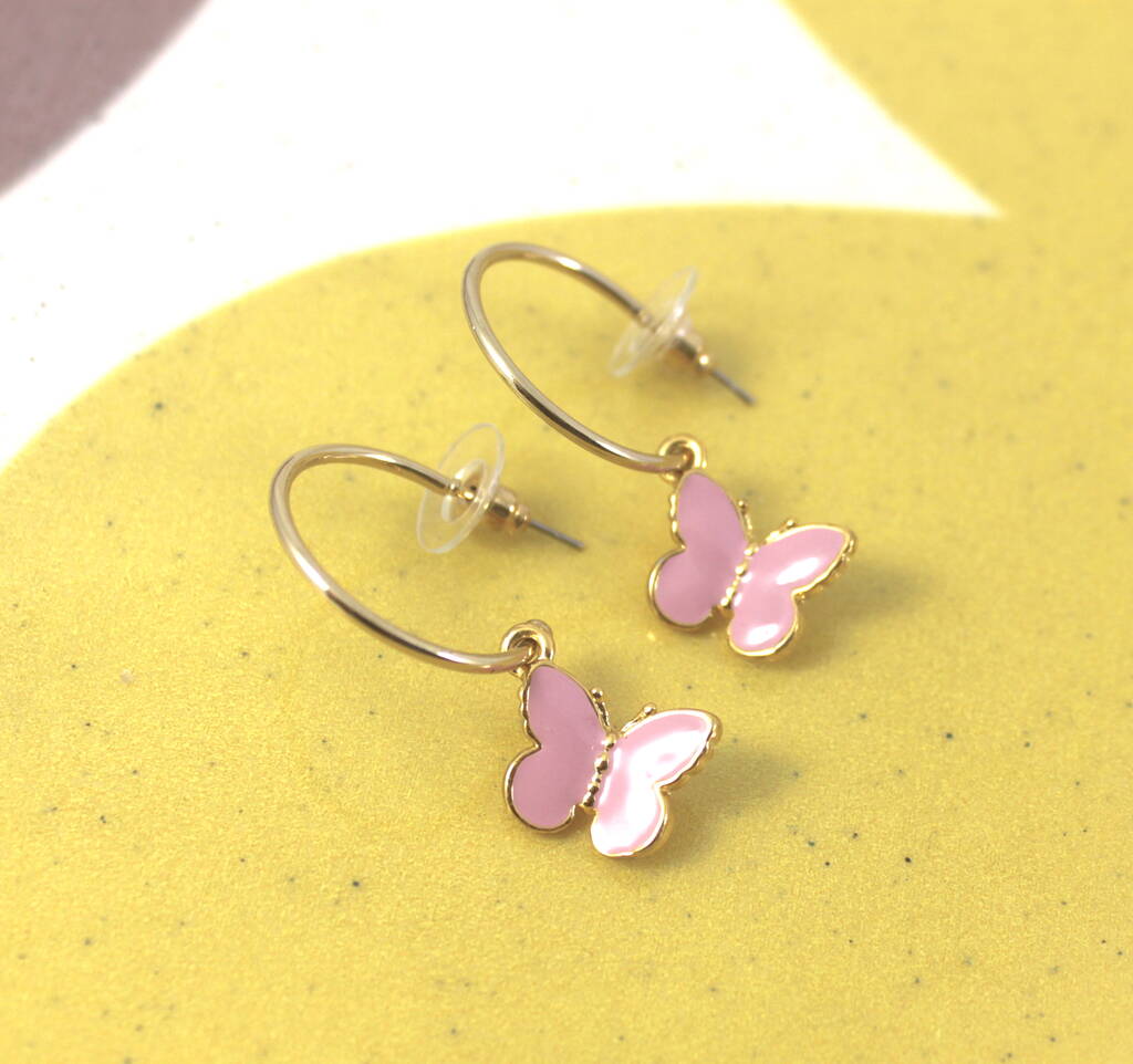 Enamel Hoop Drop Earrings With Butterfly Charms By Lucy Loves Neko ...