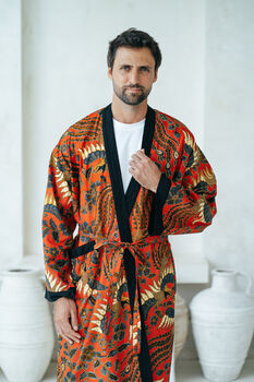 Red Men's Full Length Batik Kimono Robe, 5 of 6