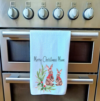 Personalised Christmas Rabbit Tea Towel, 3 of 4
