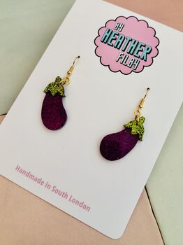 The Purple Aubergine Glitter Statement Earrings/ Vegetable Lover Gift / Novelty Food Jewellery / Colourful Accessories, 3 of 5