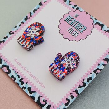 Red And Blue Glitter Christmas Mitten Glitter Studs, 4 of 4