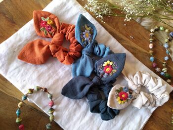 Bunny Bow Scrunchies With Embroidered Flower, 8 of 11