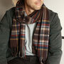 Men's Brown Navy Tartan Cashmere Wool Blend Scarf, thumbnail 4 of 11