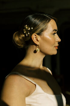 Mini Gold Sunburst And Pearl Hoop Bridal Earrings, 4 of 4