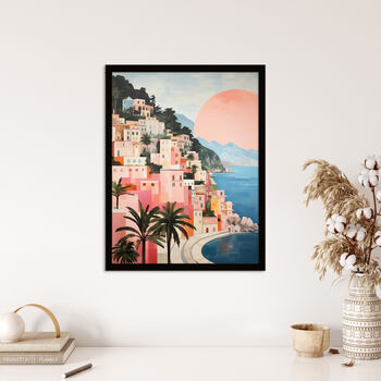 Amalfi Coast Sunrise Italy Pink Blue Wall Art Print, 4 of 6