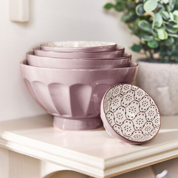Set Of Five Lilac Patterned Bowls, 3 of 7