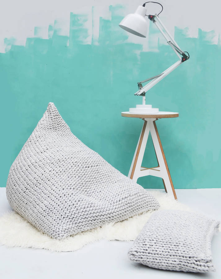 hand knitted grey rectangle cushion by jessica lee