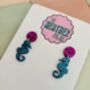Blue And Pink Small Seahorse Glitter Earrings / Gift For Mermaid Lovers / Seaside Vacation Or Summer Cruise Accessory, thumbnail 3 of 4