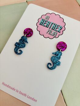 Blue And Pink Small Seahorse Glitter Earrings / Gift For Mermaid Lovers / Seaside Vacation Or Summer Cruise Accessory, 3 of 4