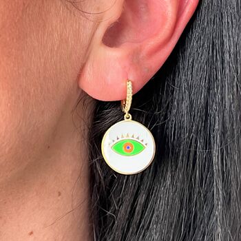 Neon Green Evil Enamel Zircon Hoop Earrings, 2 of 3