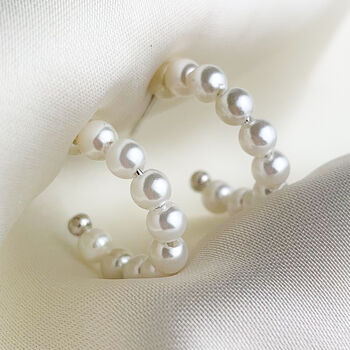 Sterling Silver Pearl Huggie Hoop Earrings, 4 of 9