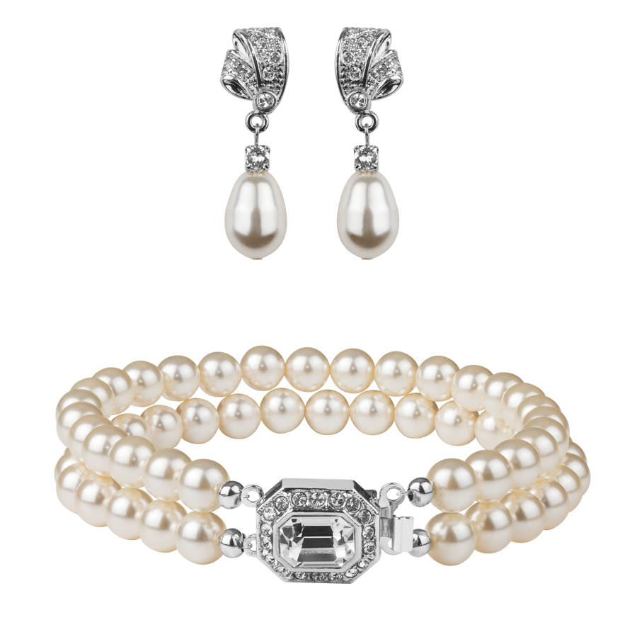 Rhinestone And Teardrop Pearl Earring And Bracelet Set By Katherine ...