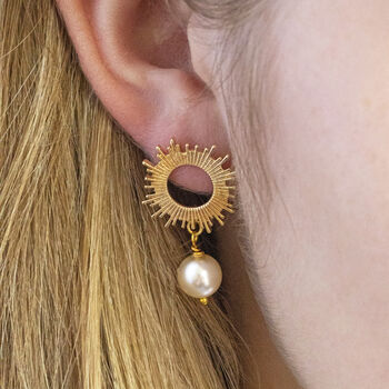 Sun Earrings With Pearl Drop Detail, 2 of 9