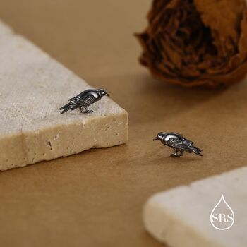 Crow Stud Earrings In Sterling Silver With Black Rhodium Coating, 3 of 11