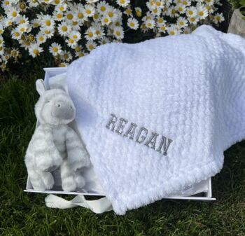 Personalised White Baby Blanket And Zebra Soft Toy, 2 of 4