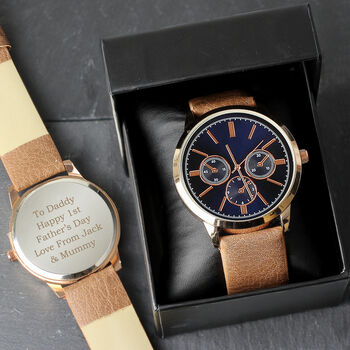 Personalised Men's Rose Gold Tone Watch Brown Strap, 2 of 5