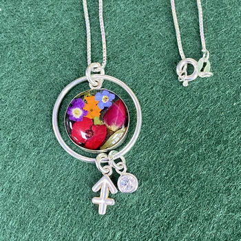 Sterling Silver Handmade Real Flower Necklace With Personalised Birthstone And Zodiac Charm, 7 of 12