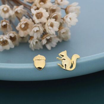 Mismatched Squirrel And Acorn Stud Earrings In Sterling Silver, 3 of 9