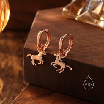 Sterling Silver Cute Horse Dangle Huggie Hoops, 6 of 10