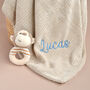 Personalised Beige Knitted Baby Blanket And Monkey Rattle Gift Set, thumbnail 11 of 12