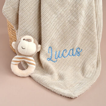 Personalised Beige Knitted Baby Blanket And Monkey Rattle Gift Set, 11 of 12