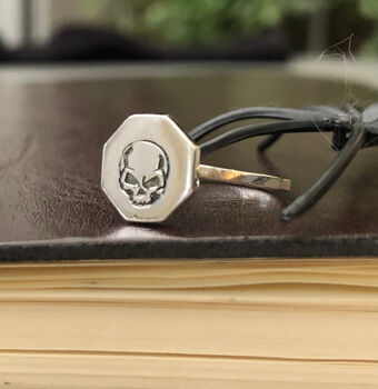 Sterling Silver Angry Skull Hexagon Halloween Ring, 2 of 8