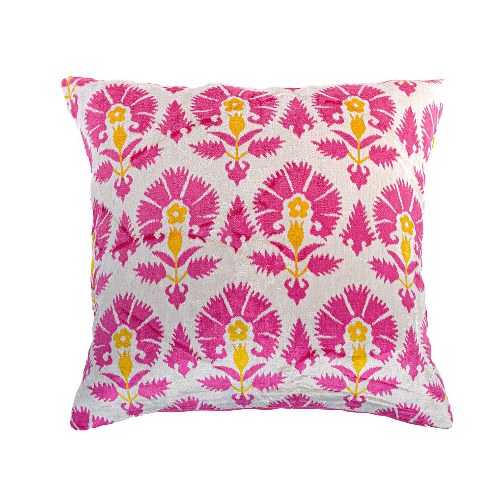 Pink Floral Silk Ikat Velvet Cushion Cover 50x50cm By Oyzshop