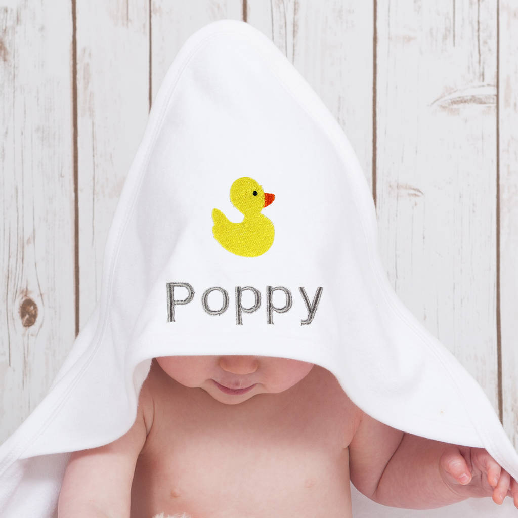 Hooded Baby Towel With Embroidered Duck By Betty Bramble