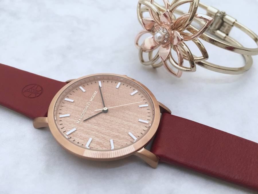 Classic Rose Gold Red Vintage Unisex Wood Watch, 1 of 11